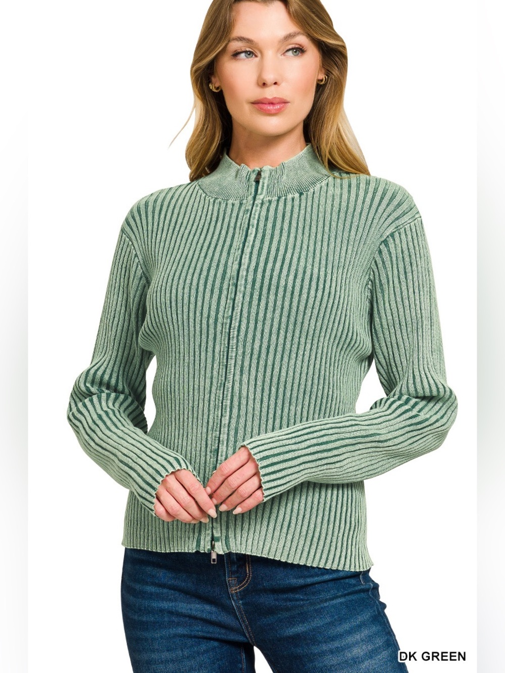 Zenana Dk Green Washed Zip Up Sweater - Picture 3 of 7